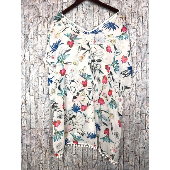 Tops - Swim cover Up White Floral Kimono Tunic